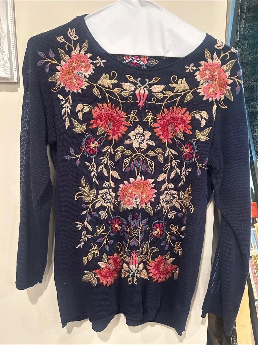 Johnny Was Loana Navy Floral Embroidered Long Sleeve Thermal Top - Picture 2 of 9